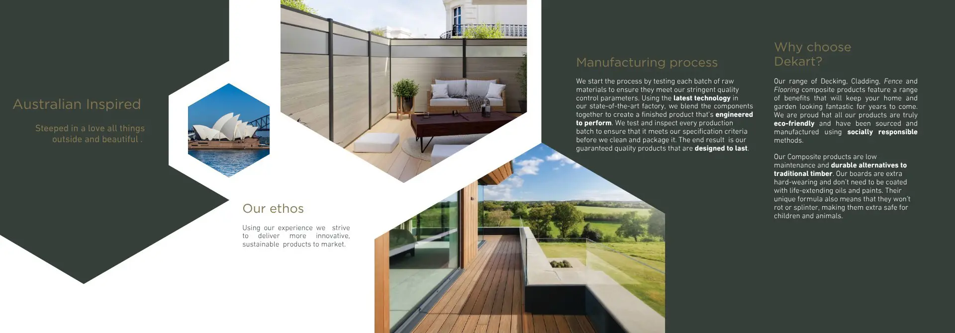 Australian Inspired.
Steeped in a love all things outside and beautiful.
Our ethos: Using our experience we strive to deliver more innovative sustainable products to market. Manufacturing process
We start the process by testing each batch of raw materials to ensure they meet our stringent quality control parameters. Using the latest technology ir our state-of-the-art tactory, we blend the components together to create a tinished product that s engineered to perform. We test and inspect every productior natch to ensure that it meets our specitication criteria before we clean and package it. The end result is our guaranteed quality products that are designed to las
Why choose
Dekart?
Our range of Decking. Cladding, Fence and Flooring composite products teature a range ot benefits that will keep your home and garden looking fantastic for years to come We are proud hat all our products are truly eco-friendly and have been sourced and manufactured usina socially responsible methods.

Our Composite products are low maintenanco and durable alternatives to
traditional timber. our boards are extra nard-wearino and cont neeo to be coateo with lte-extencing ols and paints. meir unique formula also means that they won rot or splinter. making them extra sate for children and animals.
											  