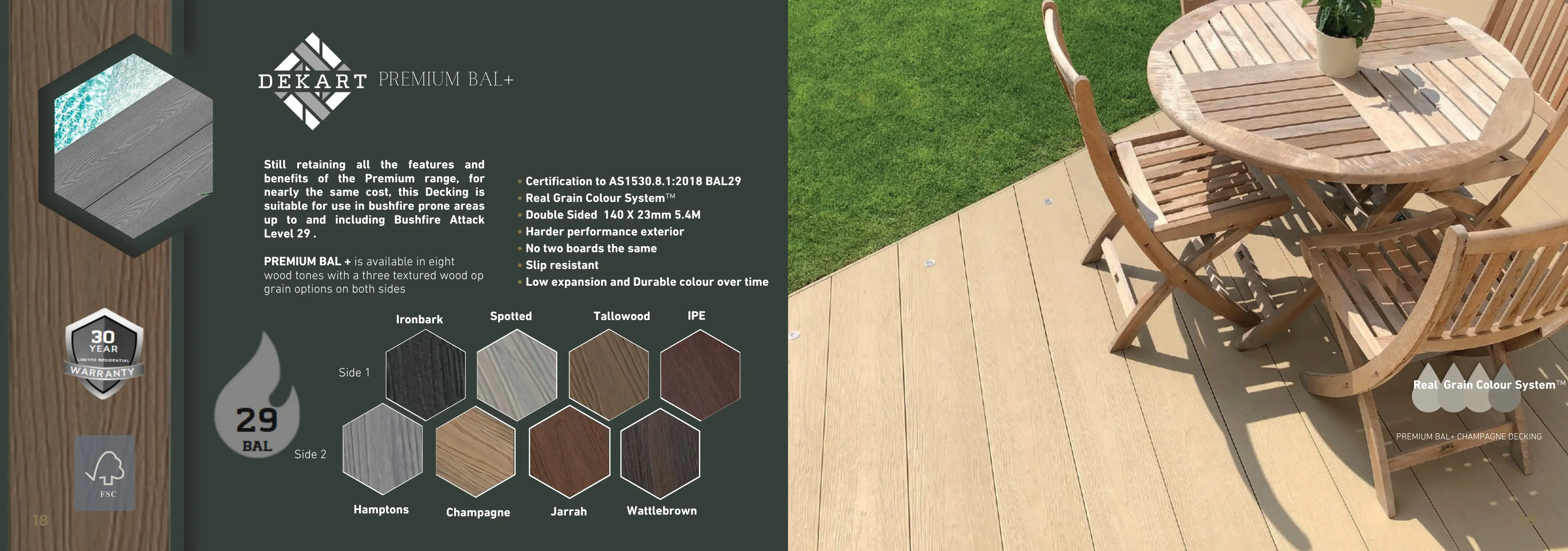 DEKART PREMIUM BAL+.
Still retaining all the features and
benefits of the Premium range. for near the same cost. this Decking is suitable for use in bushfire prone areas
and including Bushfire Attack
Level 29.
PREMIUM BAL + is available in eight
wood tones with a three textured wood on grain options on both sides
Certification to AS1530.8.1:2018 BAL29.
Real Grain Colour System™.
Double Sided 140 X 23mm 5.4M.
Harder performance exterior.
No two boards tha sama.
Slip resistant.
Low eynansion and Durable colour over time.