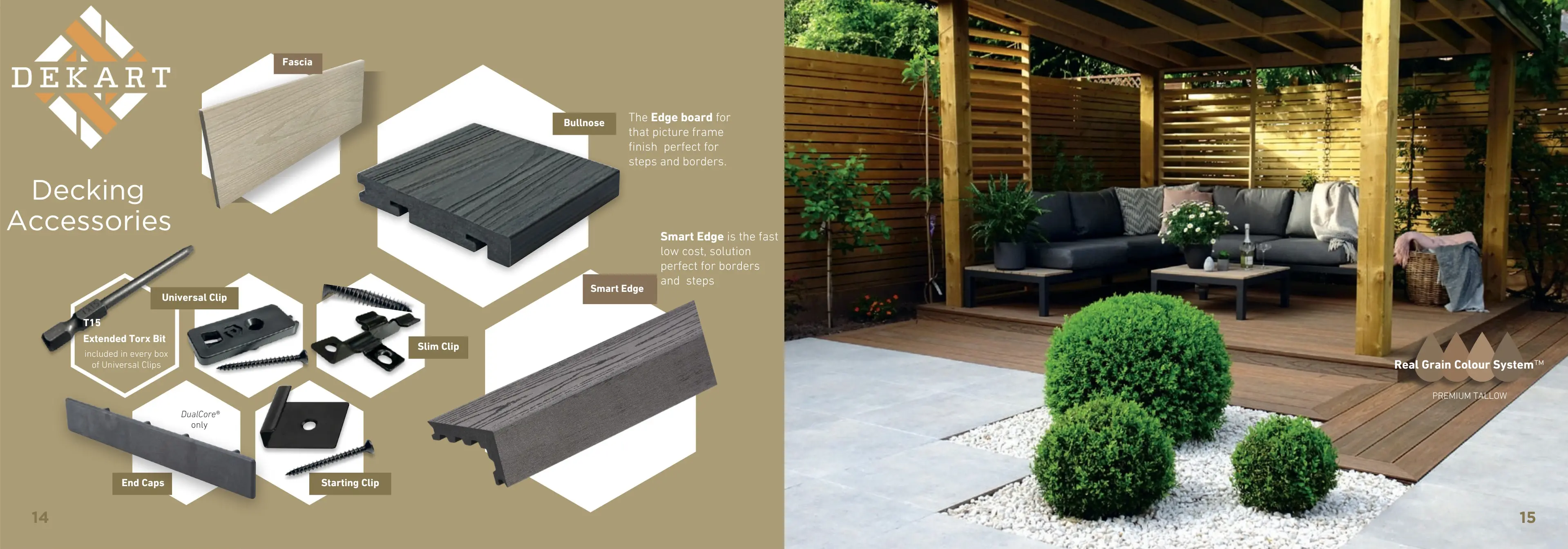 Decking Accessories. Fascia, Bullnose, smart edge, Universal clip, Slim clip, Starting clip and End caps.