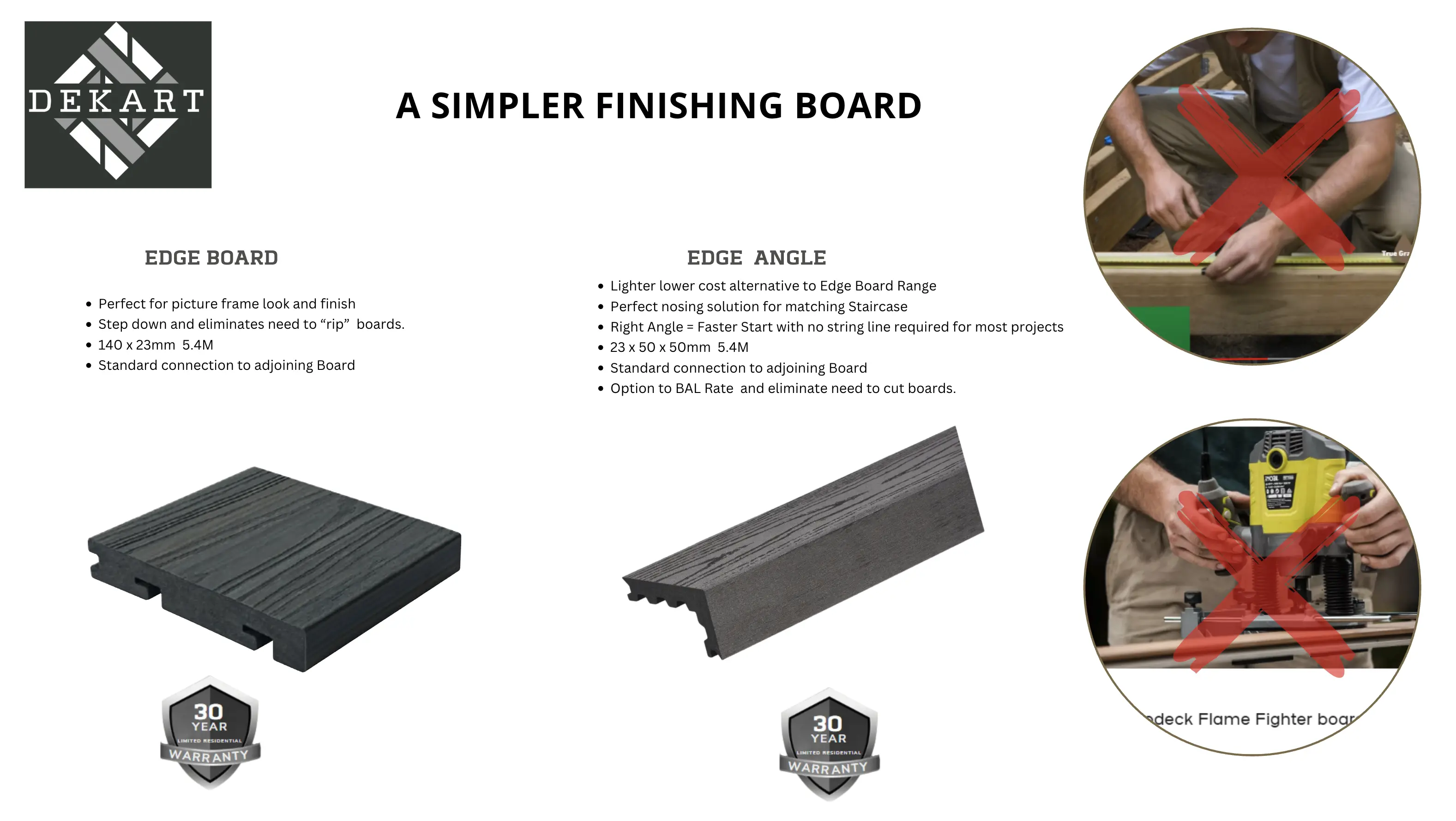 A SIMPLER FINISHING BOARD. EDGE BOARD:
Perfect for picture frame look and finish.
Step down and eliminates need to rip boards.
140 × 23mm 5.4M.
Standard connection to adjoining Board.
													   EDGE ANGLE:
Lighter lower cost alternative to Edge Board Range.
Perfect nosing solution for matching Staircase.
Right Angle = Faster Start with no string line required for most projects.
23 × 50 × 50mm 5.4M.
Standard connection to adjoining Board.
Option to BAL Rate and eliminate need to cut boards.
										